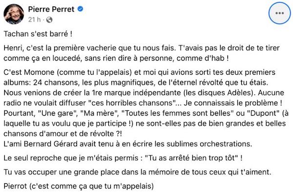 "Un Adieu Ému" : Pierre Perret en chagrin, partage un message touchant