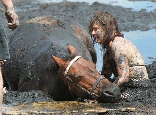 Pendant 3 heures, une femme désespérée tient son cheval pour qu'il ne se noie pas dans la boue, ils parviennent à le sauver