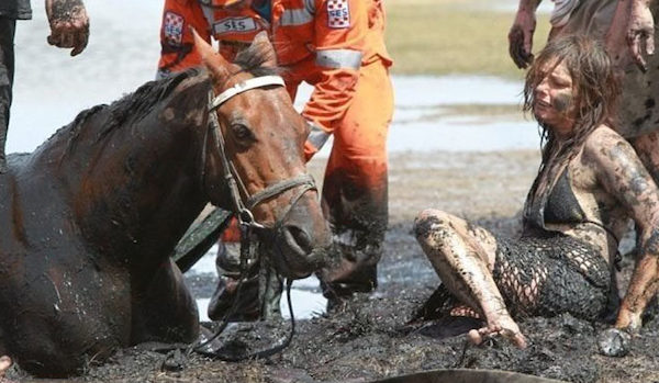 Pendant 3 heures, une femme désespérée tient son cheval pour qu'il ne se noie pas dans la boue, ils parviennent à le sauver