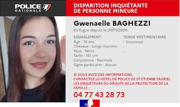 Disparition inquiétante de Gwenaëlle, 16 ans, à Saint-Étienne : un mois sans nouvelles, les gendarmes cherchent des témoins