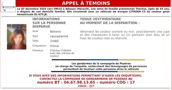 Inquiétante disparition dans l'Hérault : Thérésa, mère de famille, s'évanoue dans la nature sans donner de nouvelles