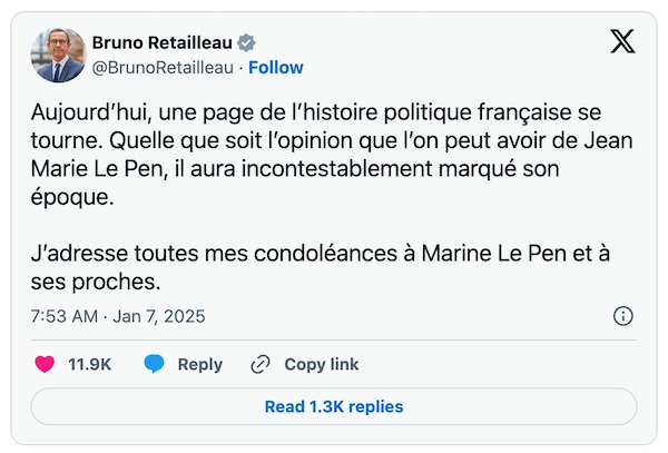 L'histoire "jugera" le rôle du défunt leader d'extrême droite Jean-Marie Le Pen, selon la présidence française