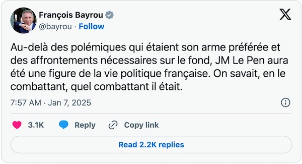 L'histoire "jugera" le rôle du défunt leader d'extrême droite Jean-Marie Le Pen, selon la présidence française