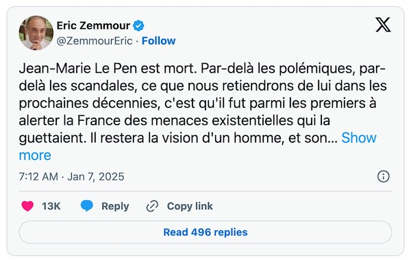 L'histoire "jugera" le rôle du défunt leader d'extrême droite 