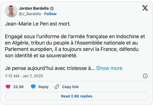 L'histoire "jugera" le rôle du défunt leader d'extrême droite Jean-Marie Le Pen, selon la présidence française